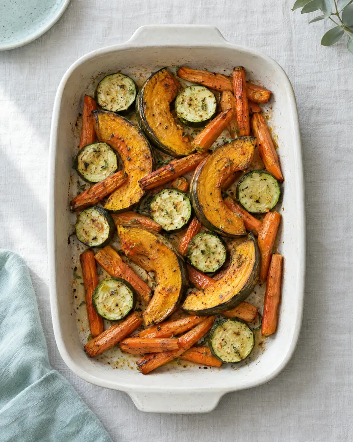 Abóbora, cenoura e courgette assadas num tabuleiro.